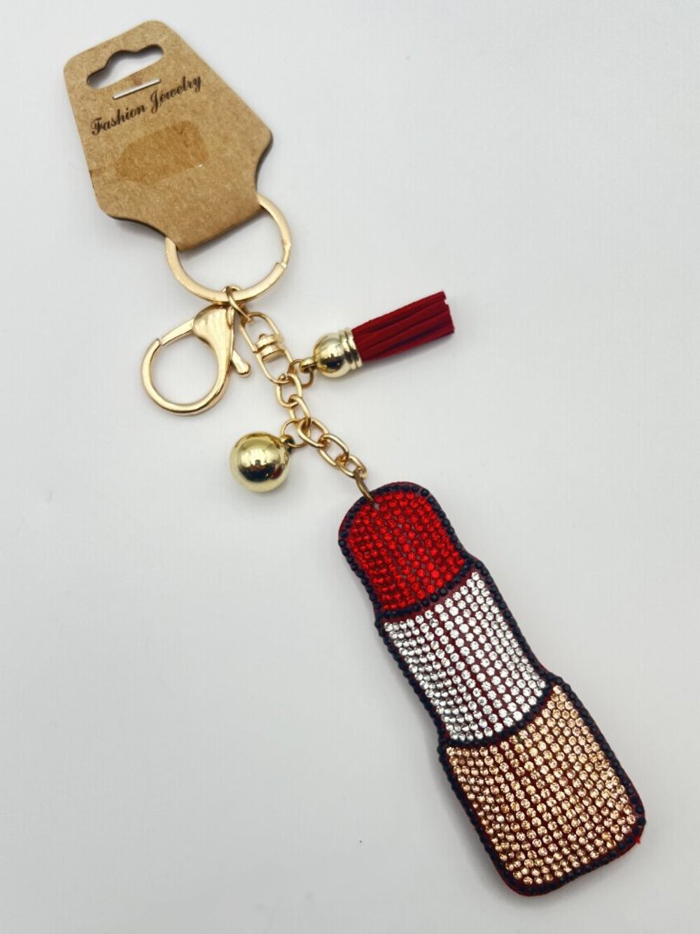 Bling Lipstick Puffy Keychain Rhinestone Purse Charm Backpack Clip Tassel Gold
